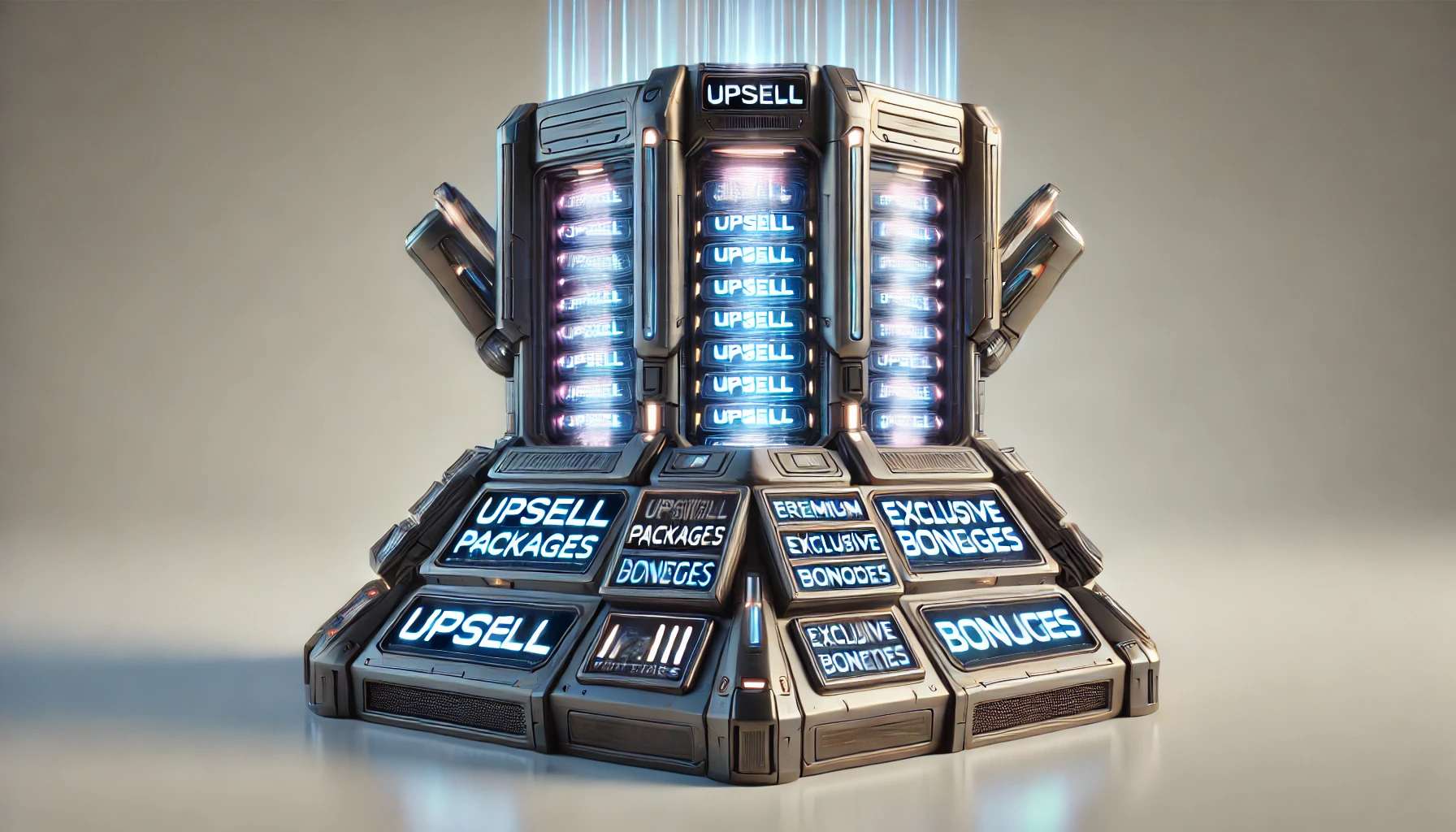 DALLE_2024_11_21_13.23.08_-_A_futuristic_imposing_machine_designed_solely_to_create_numerous_upsell_options_for_an_online_course._The_machine_features_glowing_compartments_and_h